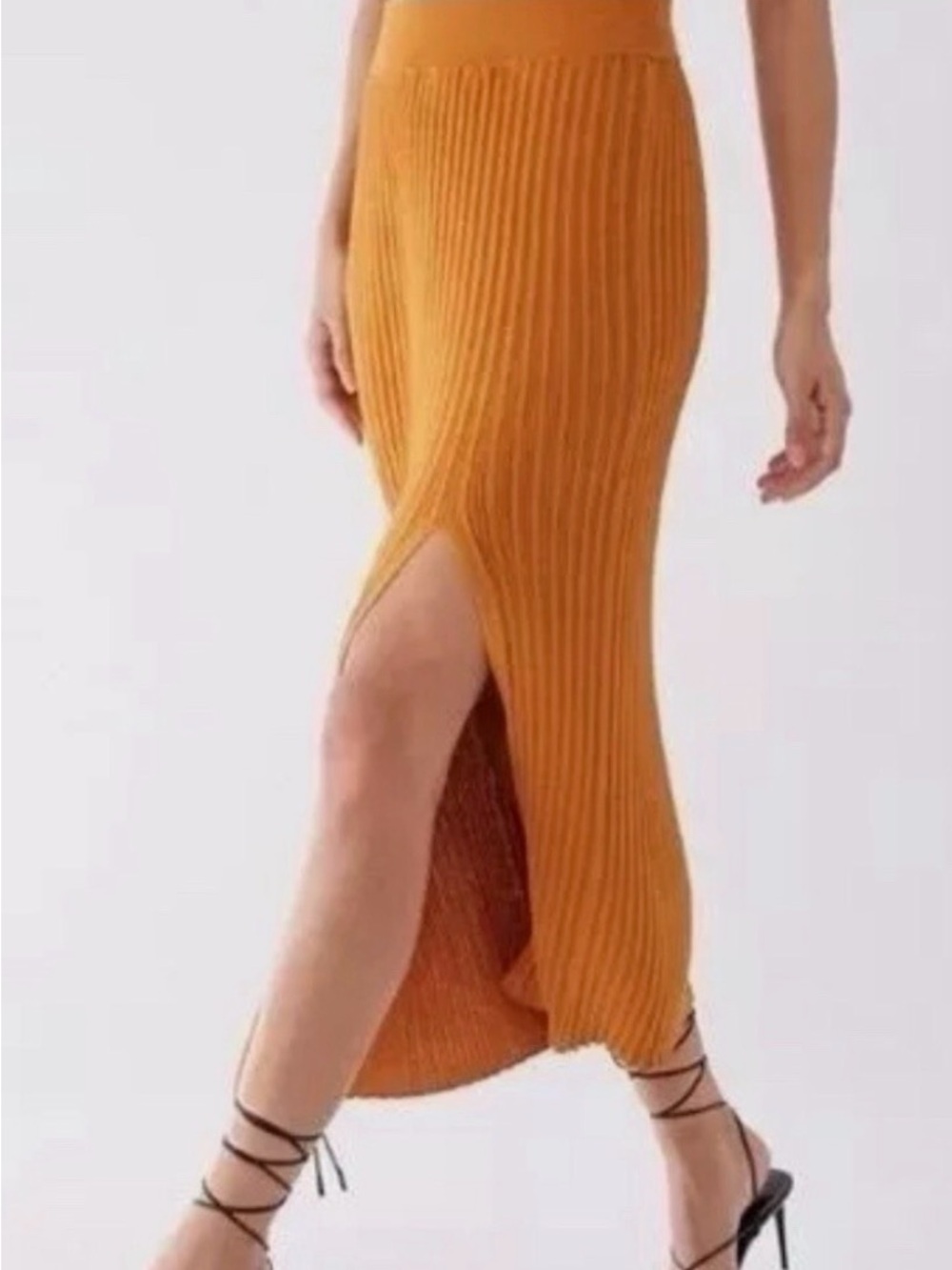 Wilfred Mustard Ribbed Midi Skirt with High Side Slit